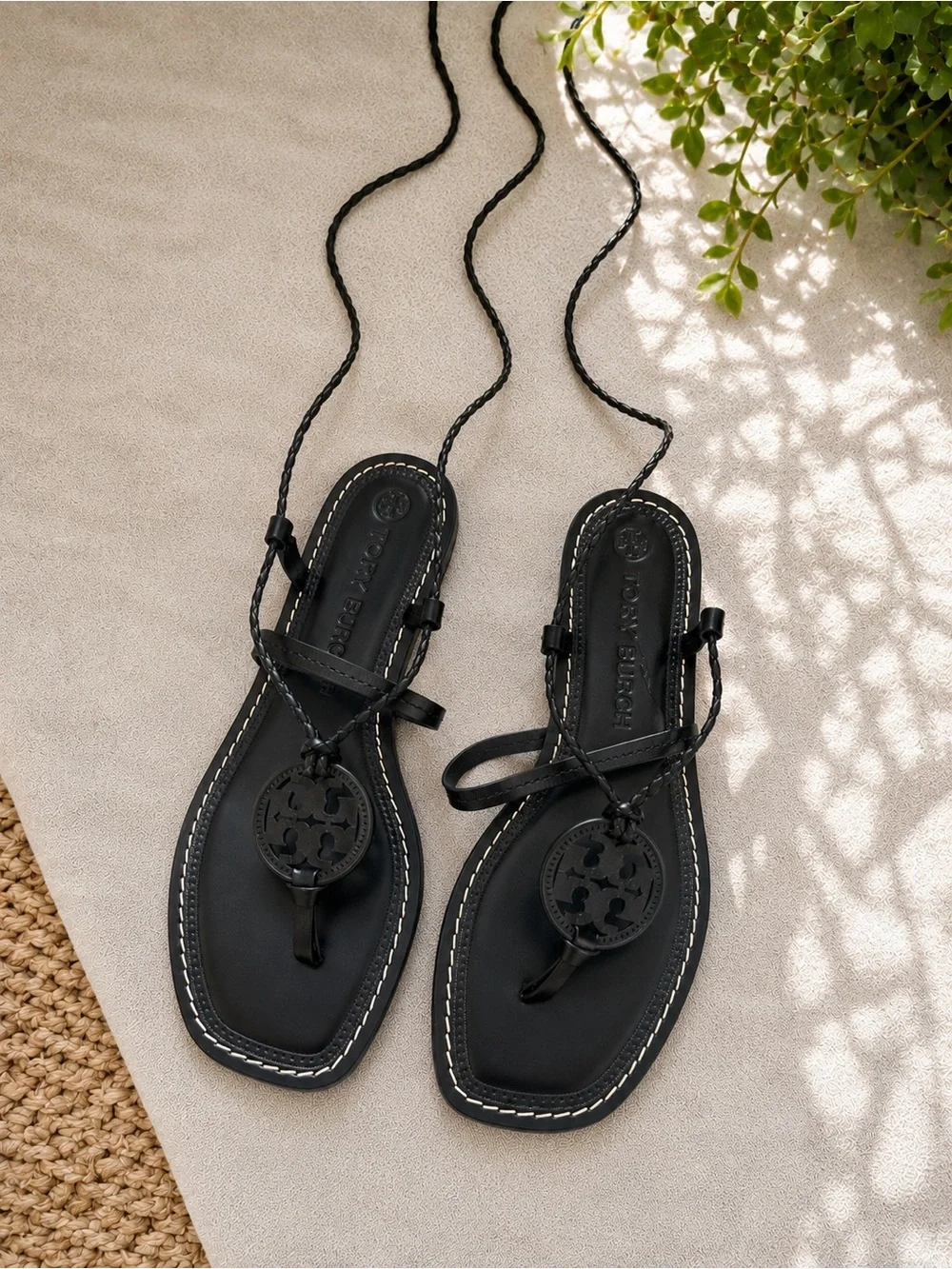 Tory Burch Miller Braided Lace-Up Sandals – Black Leather – Size 8.5M